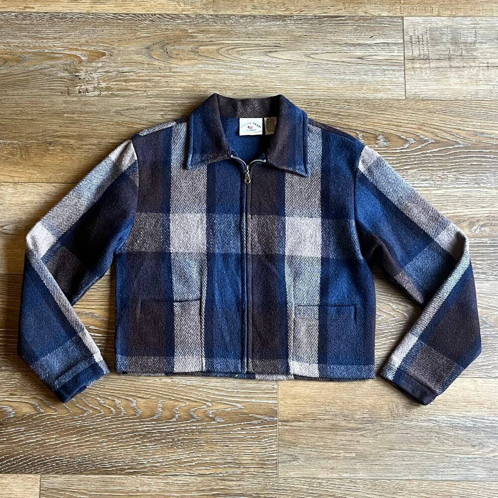 Vtg 90s County Seat Wool Blend Plaid Zip Cropped Jacket S Checkered Grunge Boho